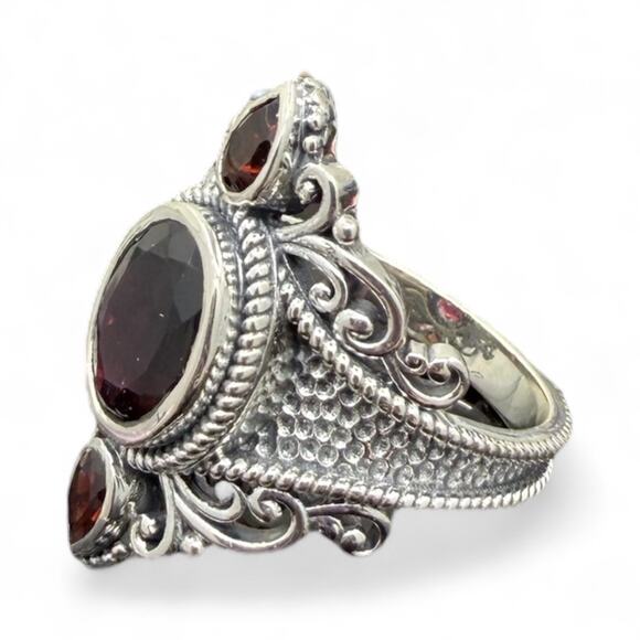Natural Rhodolite Red Garnet Ring Hammered 925 Sterling Silver Size 7 Handmade - Picture 2 of 8